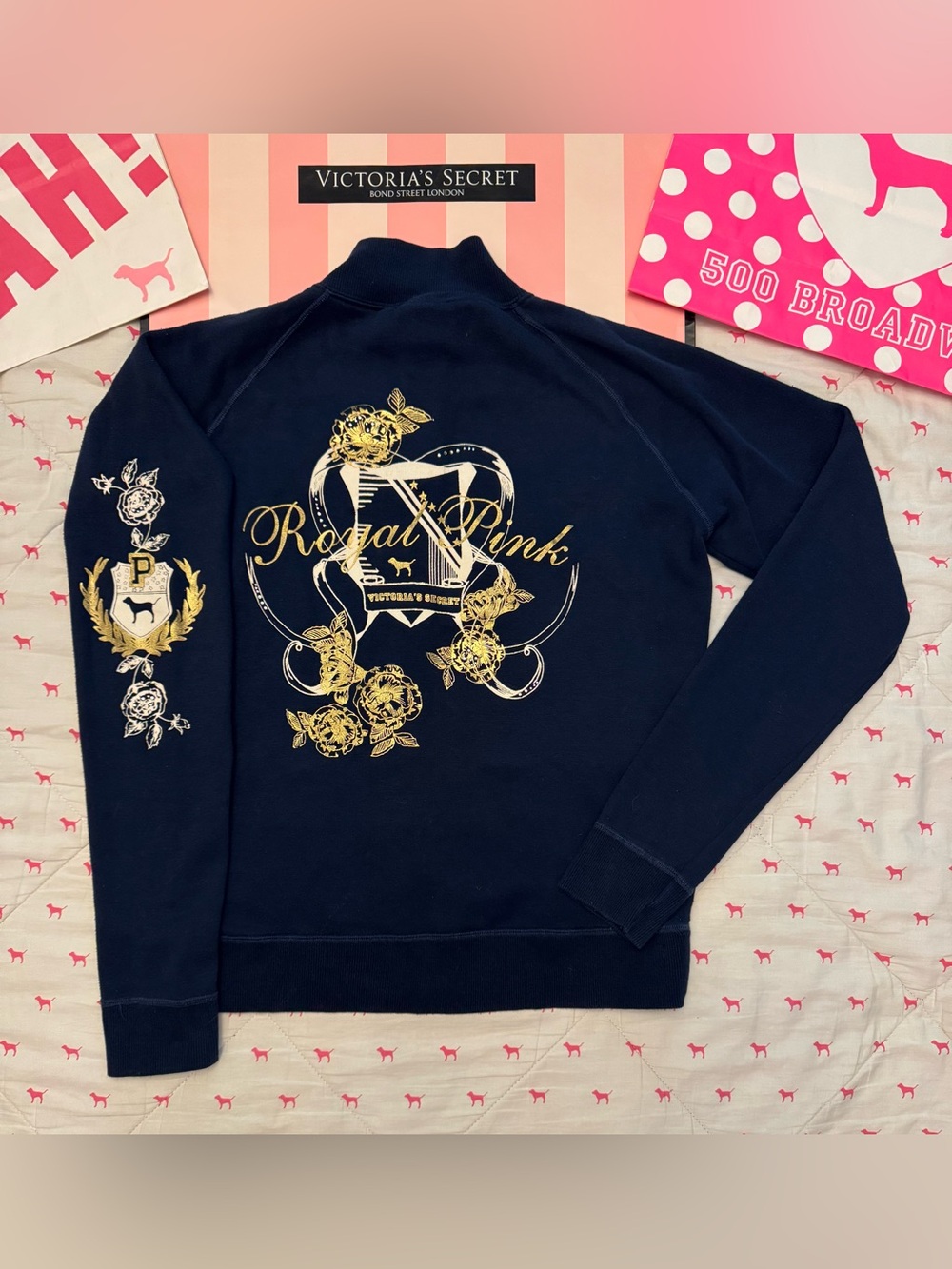 VS PINK VINTAGE Y2K FULL ZIP JACKET NAVY BLUE ROYAL PINK CREST BLING DOG RARE LG